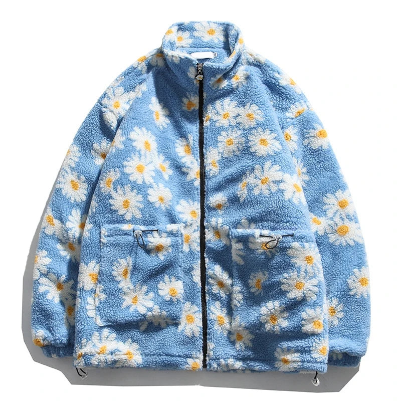 rainbowtouches cotton padded thick parkas jackets streetwear hip hop daisy print fleece warm full zip coats harajuku outwear unique default style 4396