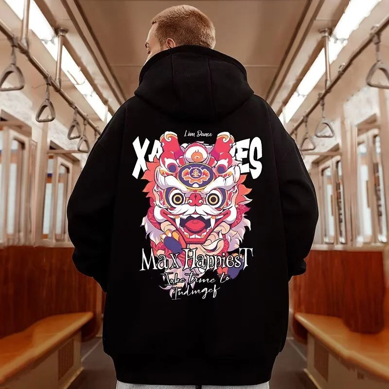 New Lion Dance Graphic Hoodies For Men Y2K Streetwear Fleece Hooded Sweatshirts Hip Hop Fashion Oversized Pullover Hoody Clothes Street King Limited
