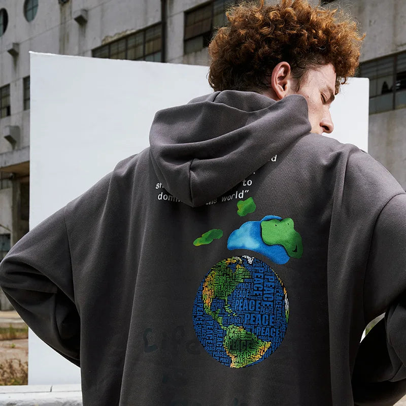 2023 Hip Hop Streetwear Hoodies Sweatshirt Globe Print Men Harajuku Pullover Hoodie Winter Fleece Cotton Autumn Sweatshirt Loose Street King Limited