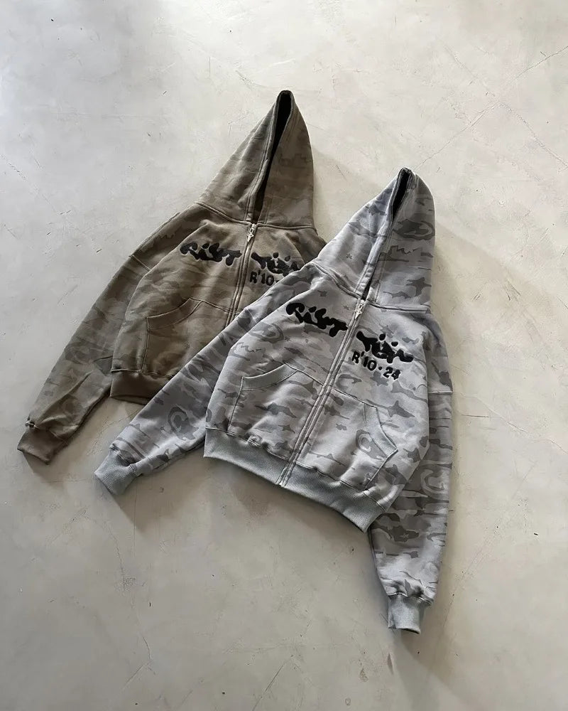 American High Street Trendy Brand Retro Pattern Letter Print Oversized Hoodie Men Y2k Goth Hip Hop Loose Zipper Sweatshirt Women Street King Limited