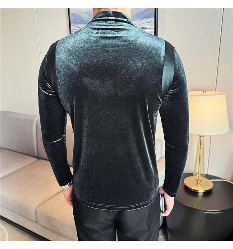 Turtleneck Stretch Slim-fit T-shirt Men Long Sleeve Thicken Elastic Velvet Retro Fashion Casual Tshirt Handsome Man T Shirts Street King Limited