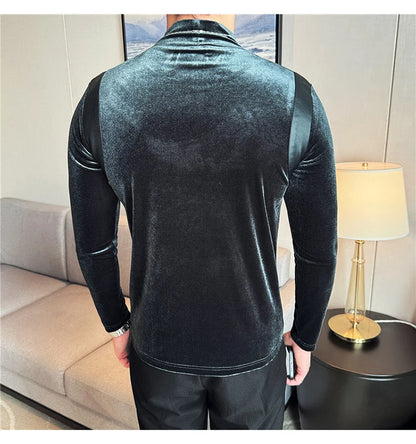 Turtleneck Stretch Slim-fit T-shirt Men Long Sleeve Thicken Elastic Velvet Retro Fashion Casual Tshirt Handsome Man T Shirts Street King Limited
