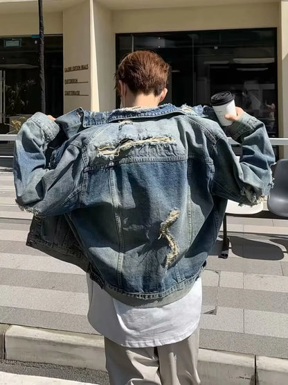 high street washed denim jacket mens trends new spring streetwear single breasted casual hip hop coats loose cowboy outwear unique jeans style 3996