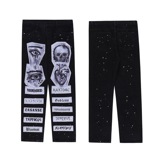 fashion skull graffiti patchwork denim jeans mens zipper jeans hip hop streetwear casual harajuku straight joggers jeans pants unique joggers style 5477
