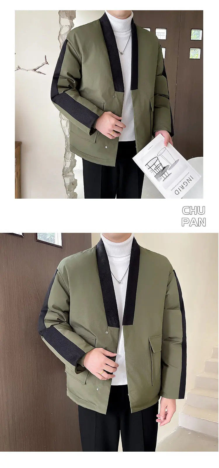 2024 Winter Collarless Cotton-padded Jacket Men Japanese Korean Fashion Loose Casual Thicken Warm Parkas Jacket Cityboy Coat Street King Limited