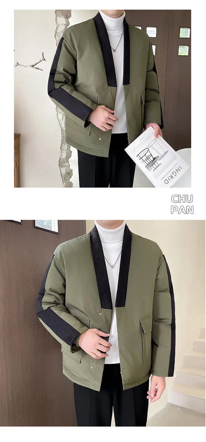 2024 Winter Collarless Cotton-padded Jacket Men Japanese Korean Fashion Loose Casual Thicken Warm Parkas Jacket Cityboy Coat Street King Limited
