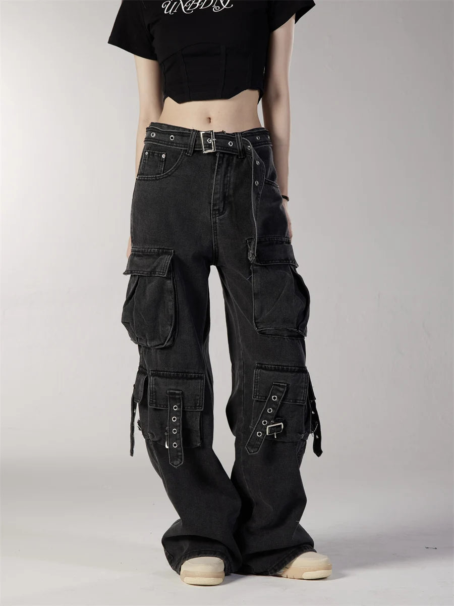 fashion loose streetwear cargo denim jeans unisex casual multi pocket straight jean pants with belt hip hop joggers baggy jeans unique joggers style 2704