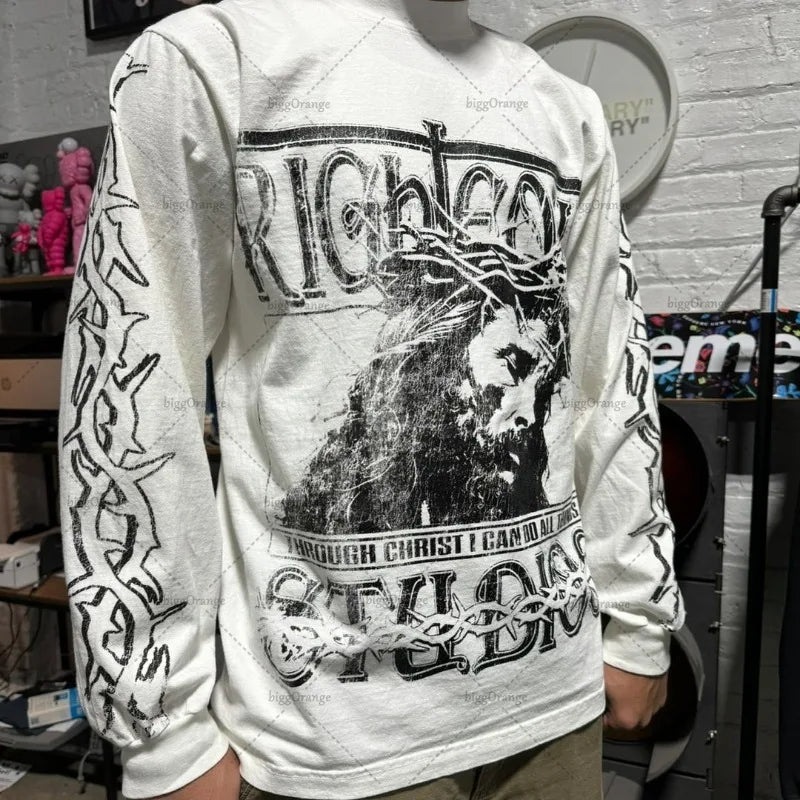 European and American Harajuku Retro Streetwear Gothic Punk Style Letter Print Long-sleeved Men Hip-hop Trend Oversized T-shirt Street King Limited