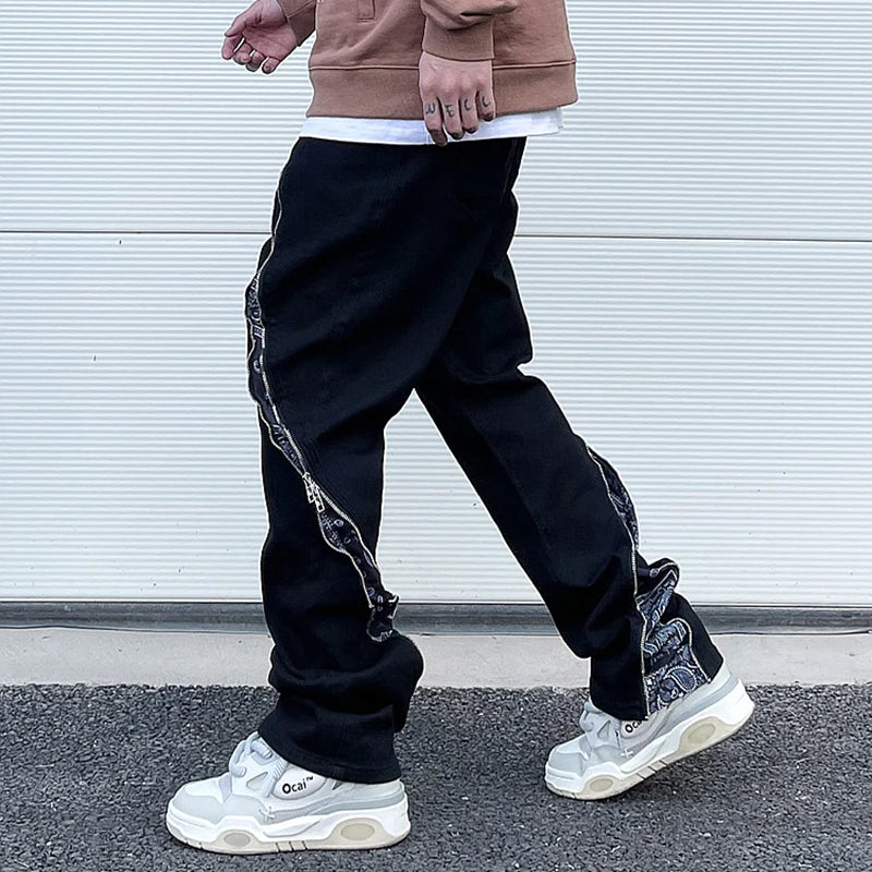 Curve Zipper Cashew Print Patchwork Jeans for Men Straight Black White Y2K Streetwear Casual Baggy Denim Trousers Oversized Street King Limited