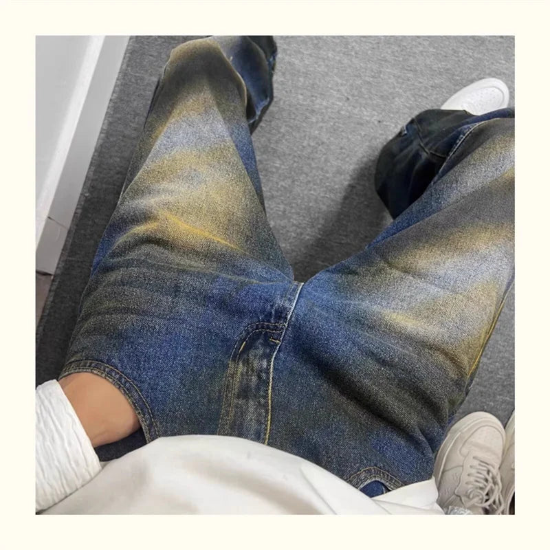 autumn hip hop graffiti painted baggy jeans mens y2l streetwear wide leg denim pants punk fashion distressed gradient jean unique jeans style 270