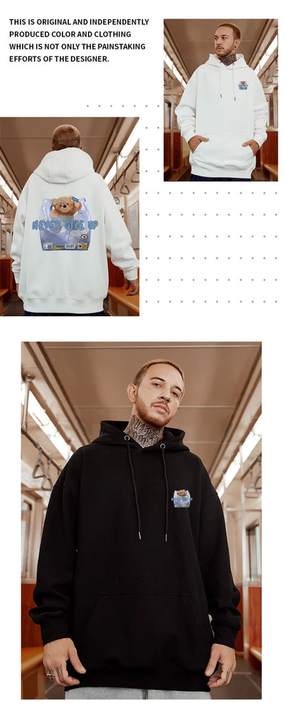 New Never Give Up Bear Printed Hoodies For Men Hip Hop Streetwear Pocket Pullover Sweatshirts Autumn Y2K Vintage Fleece Hoodie Street King Limited