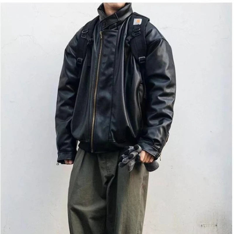 japanese street motorcycle set men thickened stand collar hip hop leather jacket harajuku casual pants 2 pcs bomber suit 2023 menswear bottoms