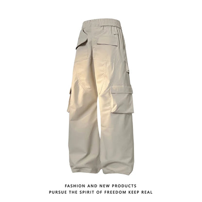 multi pocket mens wide leg straight cargo pants korean fashion track pants male casual loose mopping trousers four seasons unique cargo style 1020