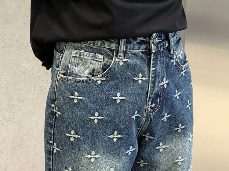 autumn winter new trendy brand jacquard jeans men high street hiphop casual fashion loose denim jeans pants boyfriend trousers unique jeans style 2836