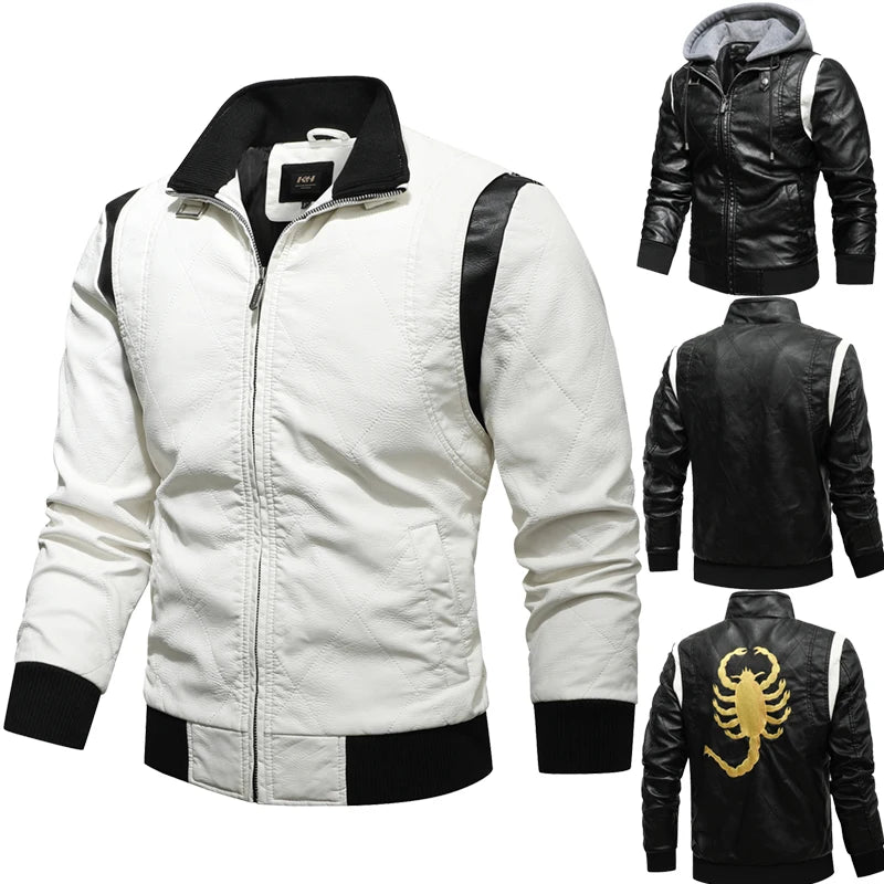Autumn Winter Bomber Leather Jacket Men Scorpion Embroidery Hooded Jacket PU Leather Motorcycle Mens Ryan Gosling Drive Jacket Street King Limited