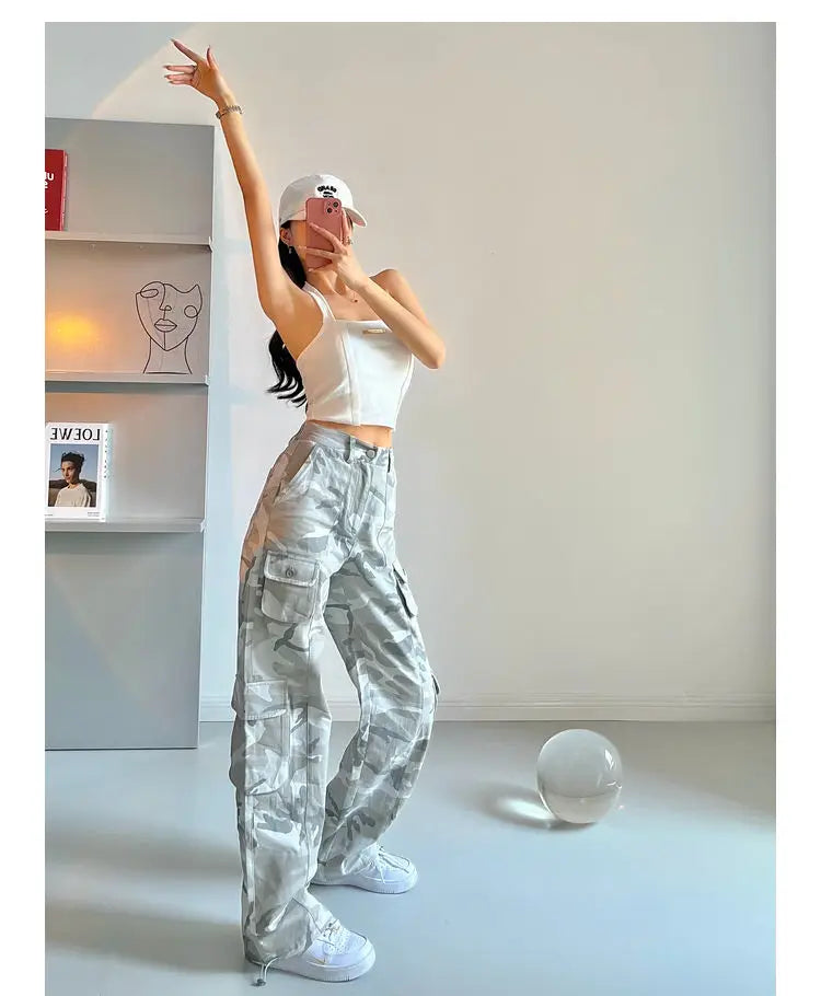 Camouflage grey cargo pants women American vintage streetwear straight loose summer hiphop hot pants ins cargo pants womens 2023 Street King Limited