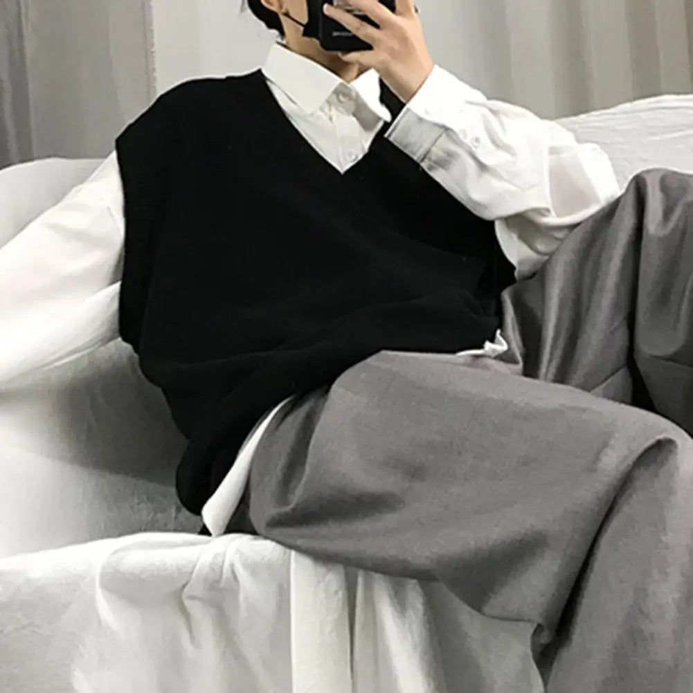 Men Sweater Vest V Neck Solid Color Sleeveless All Match Spring Sweater for School Male Pullovers Men's Clothing Streetwear Street King Limited