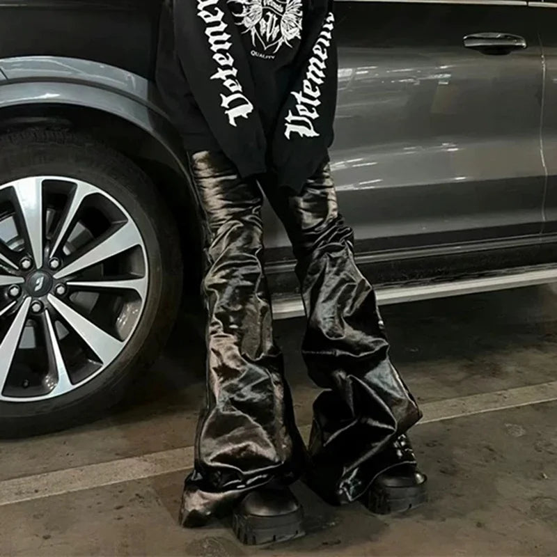 high street wide leg glossy pu leather pants sashes boot cut men and wome straight baggy casual jeans oversized flared trousers unique jeans style 3631