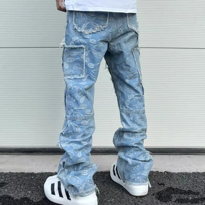 y2k frayed urban cashew flower full print patchwork baggy flare jeans for men straight pantalones hombre oversize denim trousers denim street jeans