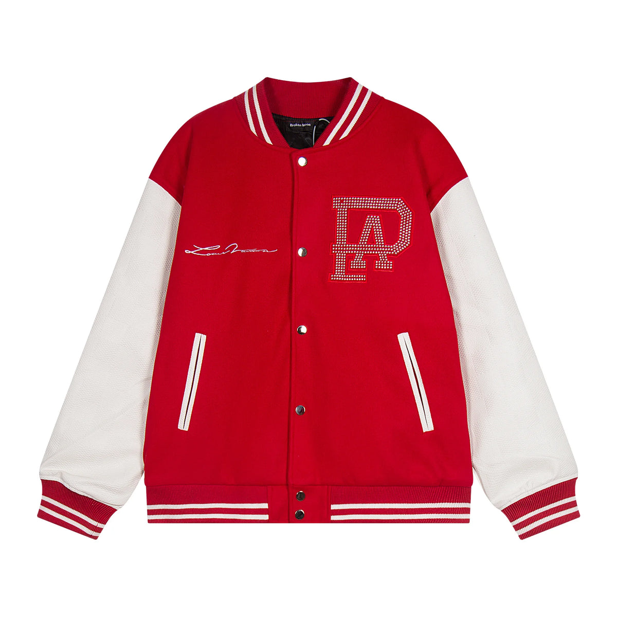 2024 hotselling high street pearl red hot stamping splicing checkered leather sleeves baseball jacket coat minimalist street pants
