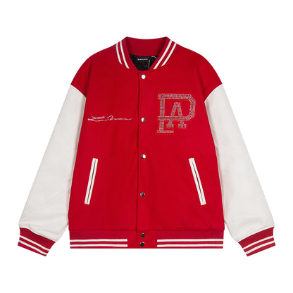2024 hotselling high street pearl red hot stamping splicing checkered leather sleeves baseball jacket coat minimalist street pants