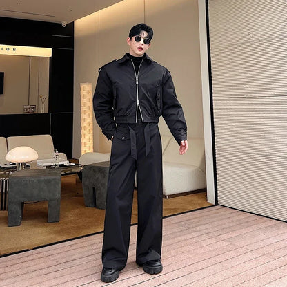 men 2 pieces sets quilted short cargo jacket pant autumn winter korean streetwear casual thicken bomber coat trousers suits military streetwear pants