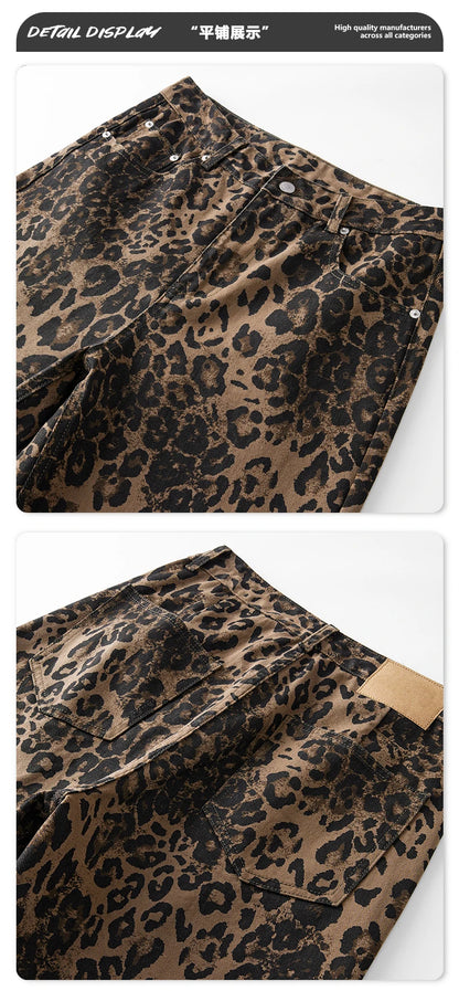 men leopard print denim loose casual plus size baggy jeans women streetwear hip hop straight y2k jeans pants trousers unique jeans style 1671