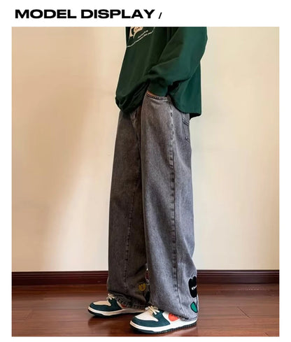 new mens y2k flower printed baggy jeans 2025 streetwear american casual denim wide leg pants hombre vintage straight trousers unique jeans style 666