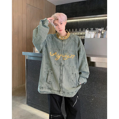 motorcycle hip hop mens cowboy jackets autumn 2024 embroidered washed trend denim coats stand collar color blocking outwear urban skinny jeans