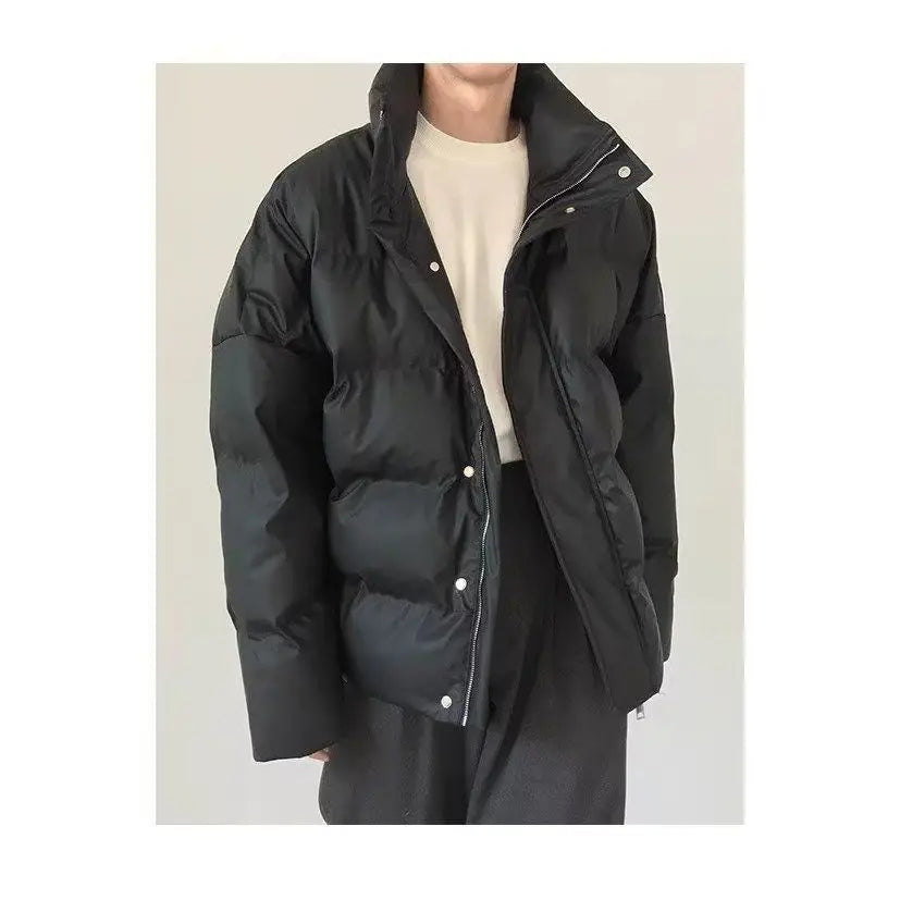 Winter Korean style stand up collar trend PU leather men and women high-end feeling thick cotton jacket couple loose casual top Street King Limited