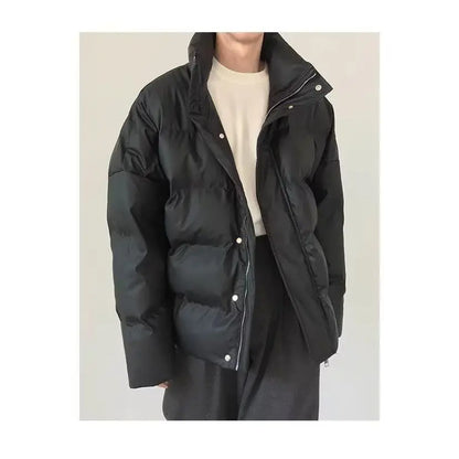 Winter Korean style stand up collar trend PU leather men and women high-end feeling thick cotton jacket couple loose casual top Street King Limited