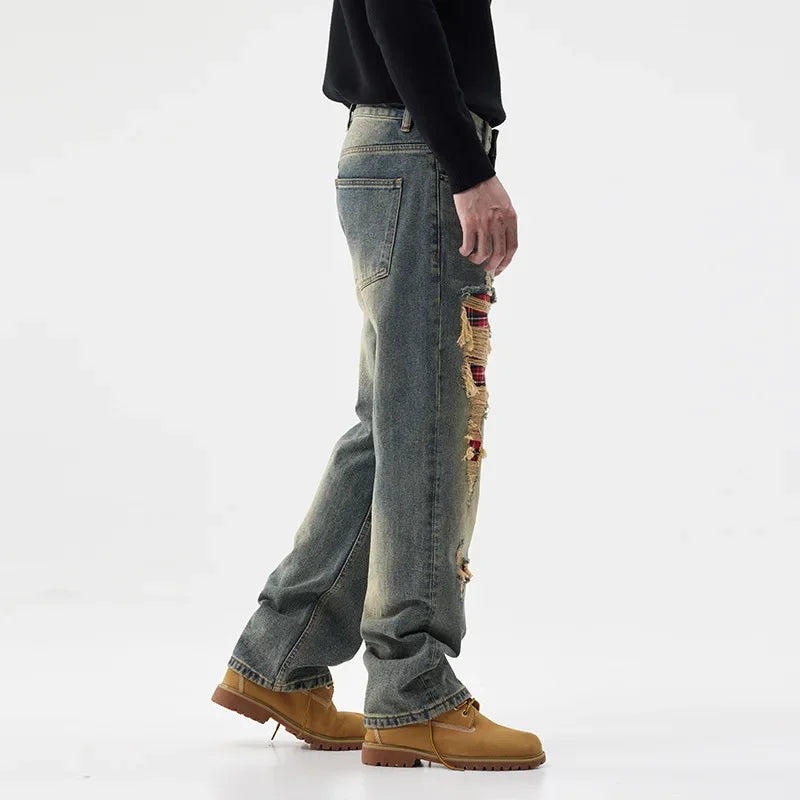 men broken hole patch loose casual plus size straight ripped denim pants jeans man streetwear fashion baggy jeans trousers unique jeans style 3038