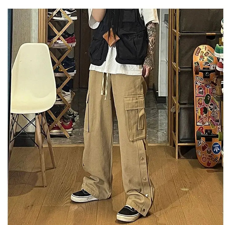 Fashionable Korean style gothic buttoned overalls pants men summer Harajuku street y2k hip hop casual retro sports pants Street King Limited