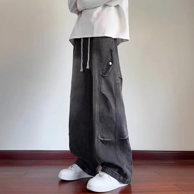 2025 new hip hop multi pockets straight jeans for men high street cargo denim pants spring y2k vintage distressed baggy jean multi-pocket cargos
