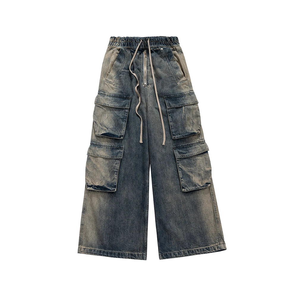 RO Style Gradient Ribbons Multi-pockets Drawstring Jeans for Men Harajuku Streetwear Baggy Y2K Denim Trousers Oversized Cargos Street King Limited
