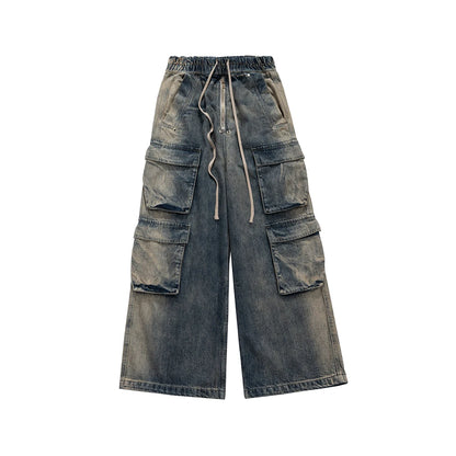 RO Style Gradient Ribbons Multi-pockets Drawstring Jeans for Men Harajuku Streetwear Baggy Y2K Denim Trousers Oversized Cargos Street King Limited