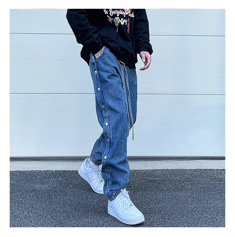 washed distressed denim sweatpant cashew flower patchwork oversized splice buckle jogging jeans casual button baggy men clothing unique joggers style 3360