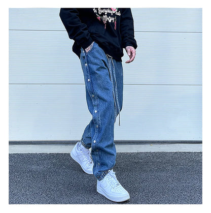 washed distressed denim sweatpant cashew flower patchwork oversized splice buckle jogging jeans casual button baggy men clothing unique joggers style 3360