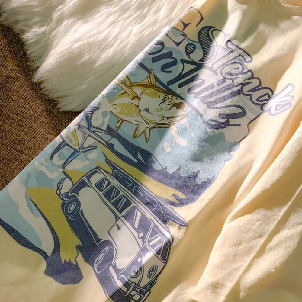 Pure cotton Japanese milk yellow cartoon car print short-sleeved T-shirt for men and women trendy loose and versatile clothes Street King Limited