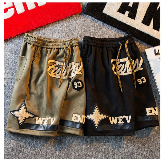 Suede Shorts Men 2024 Summer Men's High Street Letter Print Loose Five-point Pants Straight Simple fashion American basketball s Street King Limited