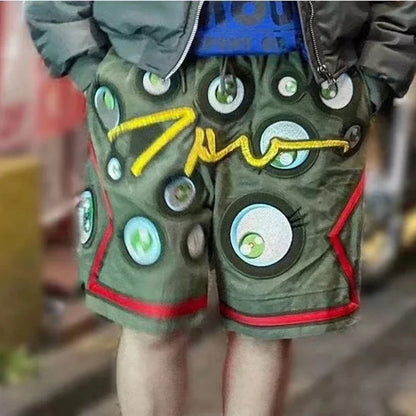 Japanese Eyes Embroidery Washed Military Green Worn Canvas Shorts for Men Summer Pockets Baggy Cargo Short Oversized Street King Limited