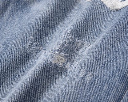 Vintage Washed Letter Embroidery Ripped Hole Blue Men's Jeans Straight Frayed Streetwear Hip Hop Loose Unisex Denim Trousers Street King Limited