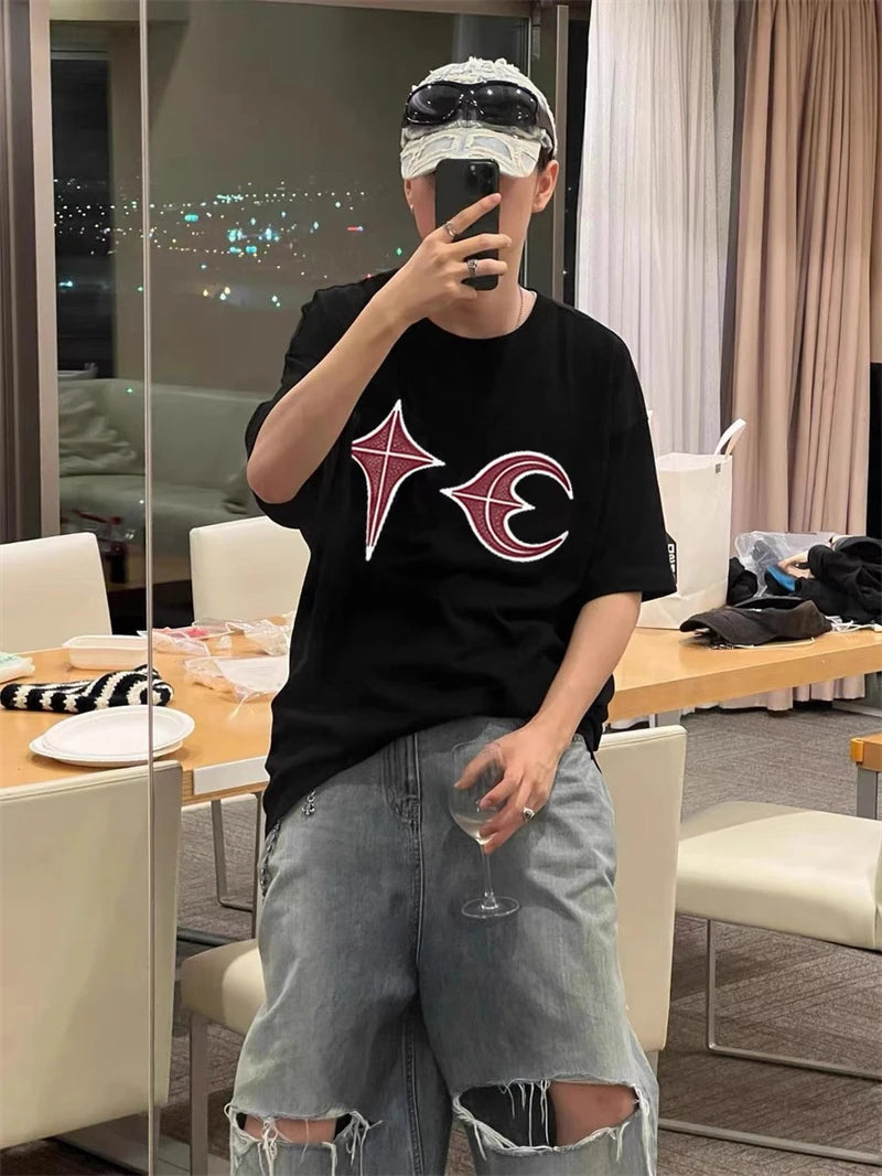 High Street Thug Club New Patchwork Embroidered Short Sleeved Casual Loose And Versatile Korean Street Solid Color T-shirt VTG Street King Limited