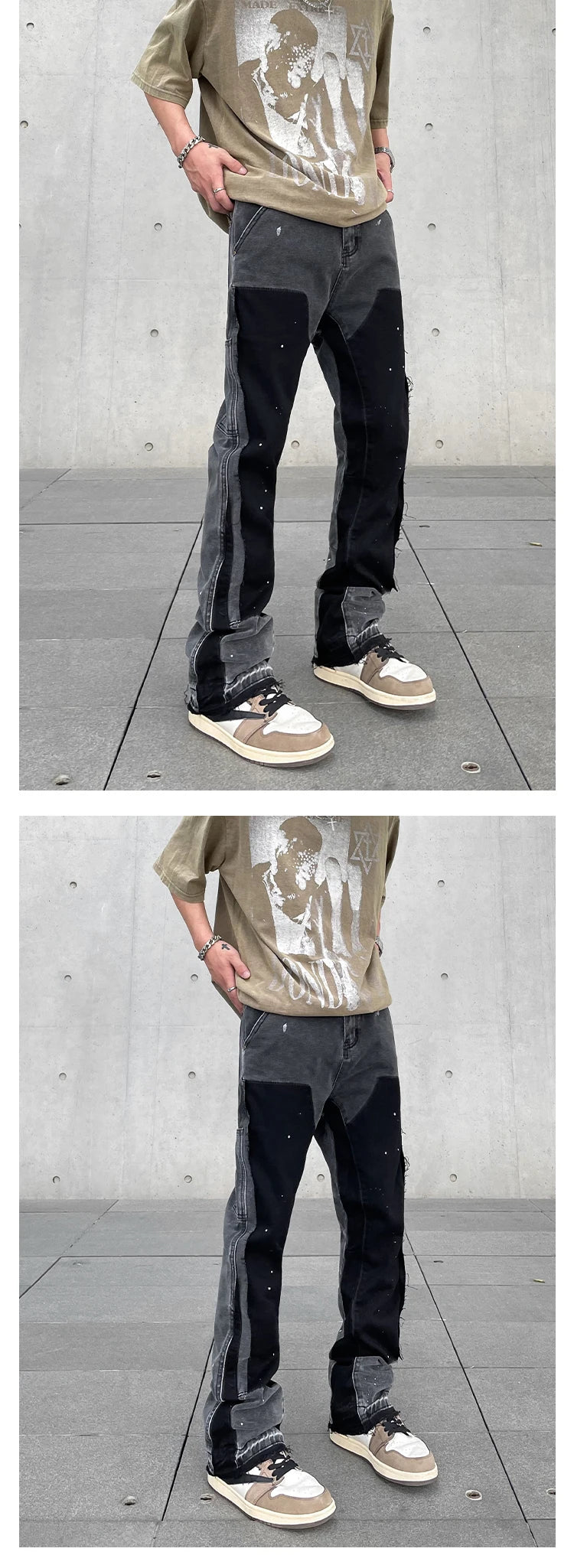 Harajuku Black Graffiti Flared Jeans Pants Patches Hip Hop Splashed Ink Wide Jeans Trousers Blue Slim Fit Washed Jeans for Men Street King Limited