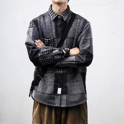 Autumn And Winter Japanese Vintage Splicing Plaid Shirt Men's Brushed Long-Sleeved Casual Thickened Versatile Woolen Shirt Street King Limited