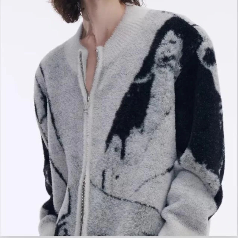 Color Blocked Gradient Cardigan Mens Imitation Mink Fur Jacquard Trend Couple Knitted Jacket Zipper High Street Sweater Coats Street King Limited