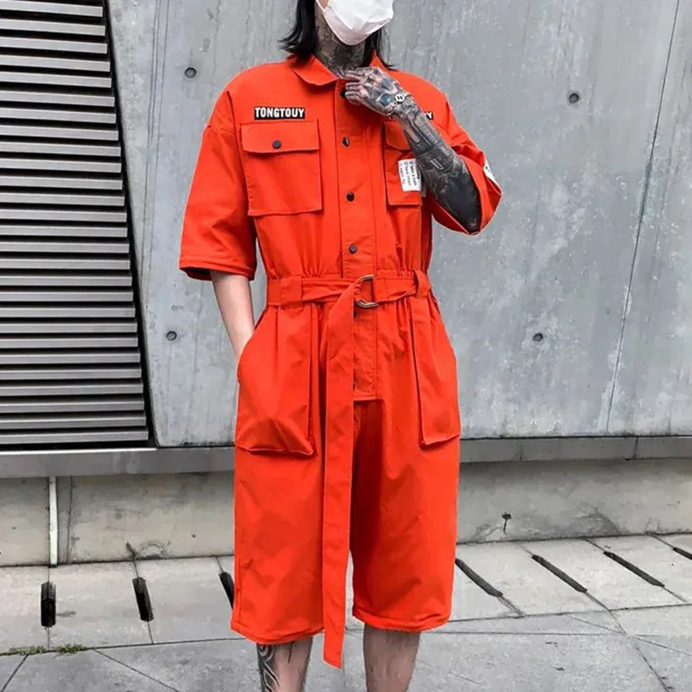 2023 autumn street short sleeve american jumpsuit mens jumpsuit suit motorcycle removable pants hip hop leg pants unique shorts style 4469