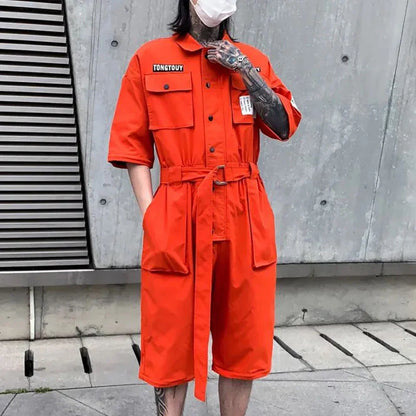 2023 autumn street short sleeve american jumpsuit mens jumpsuit suit motorcycle removable pants hip hop leg pants unique shorts style 4469