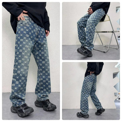 men jacquard streetwear hip hop vibe casual straight denim jeans pants boyfriend high street ripped jeans trousers stacked flare jeans