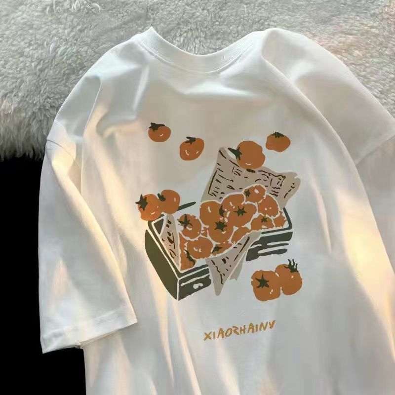 American summer trend orange print graphic T-shirt retro men and women loose fitting couple casual short sleeved top harajuku Street King Limited